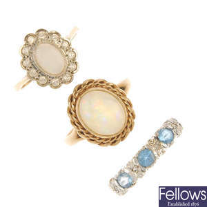 A selection of seven 9ct gold gem-set dress rings.