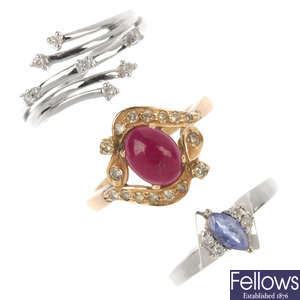 A selection of three diamond and gem-set dress rings. 