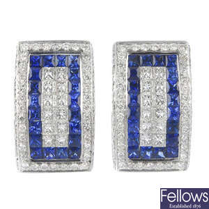 A pair of sapphire and diamond panel earrings.