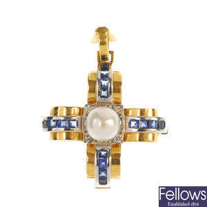 A cultured pearl, sapphire and diamond cross pendant and a diamond single-stone pendant. 