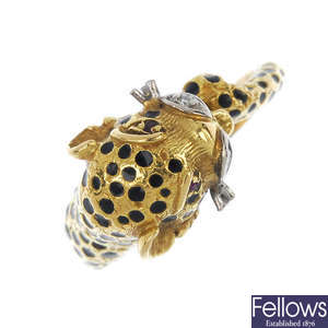 An enamel and gem-set leopard ring.