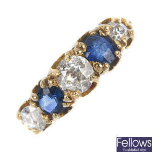 An 18ct gold sapphire and diamond five-stone ring. 