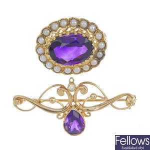 A selection of 9ct gold amethyst, diamond and split pearl jewellery. 