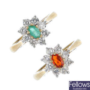 Two 9ct gold gem-set and diamond cluster rings. 
