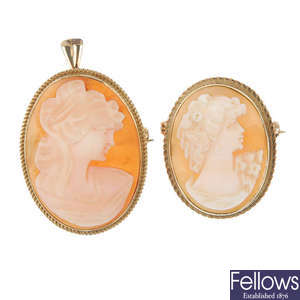 A 9ct gold shell cameo pendant and a brooch