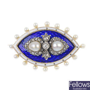 A late 19th century 18ct gold split pearl, diamond and enamel brooch.