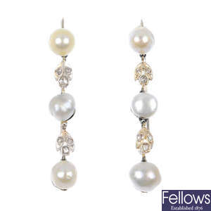A pair of natural pearl and diamond ear pendants. 