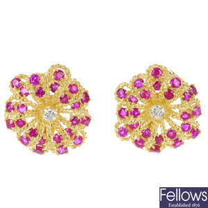 A pair of 1960s 18ct gold diamond and ruby earrings.