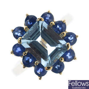 A 9ct gold aquamarine and sapphire cluster ring.
