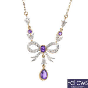 A 9ct gold amethyst and diamond necklace and ear pendants. 