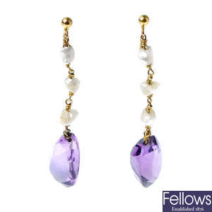 A pair of amethyst and cultured pearl ear pendants.