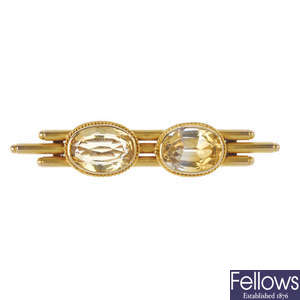 A late 19th century 15ct gold citrine two-stone brooch.