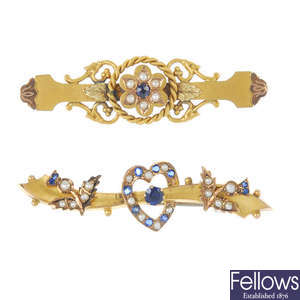 A selection of four late 19th to early 20th century gold brooches.