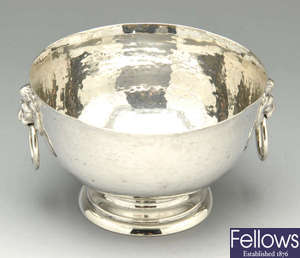Early 20th century footed bowl, a later footed bowl & two christening mugs. (4).