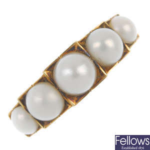 A late 19th century 18ct gold split pearl five-stone ring.