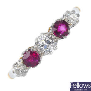 A mid 20th century 18ct gold and platinum ruby and diamond five-stone ring.