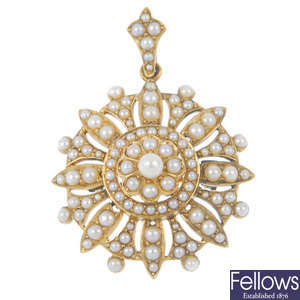 A late 19th century gold cultured and split pearl pendant.