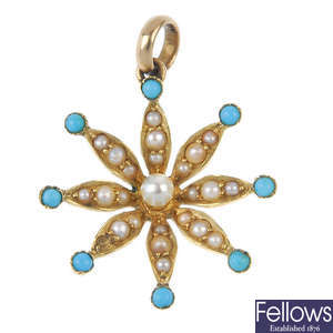 An early 20th century gold split and seed pearl and turquoise pendant.