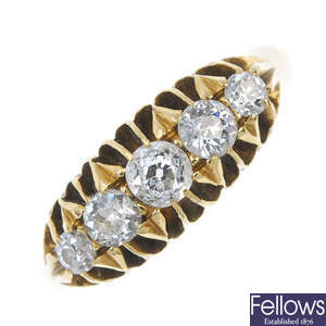An early 20th century 18ct gold diamond five-stone ring. 