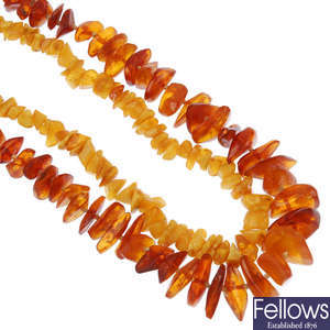 Six natural amber bead necklaces, a natural amber brooch, pendant, ear clips and four loose pieces.