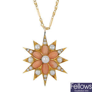 A late 19th century gold coral and split pearl star pendant. 