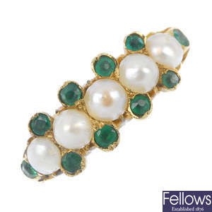 A cultured pearl and emerald dress ring.