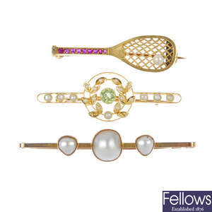 A selection of three early to mid 20th century gem-set brooches.