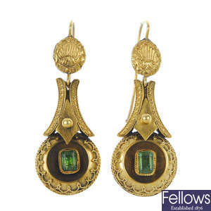 A pair of late 19th century foil-back emerald ear pendants.