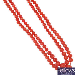 Two graduated coral bead necklaces.