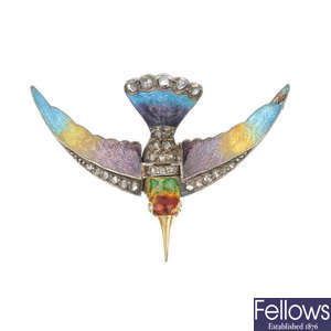 An early 20th century enamel and diamond hummingbird clip.