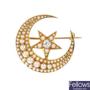 A late 19th century 18ct gold diamond and split pearl star and crescent brooch.