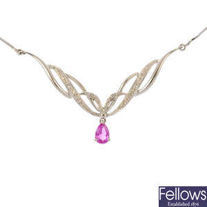 A 9ct gold sapphire necklace and 9ct gold ruby pendant.
