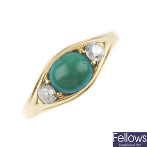 An early 20th century 18ct gold turquoise and diamond three-stone ring.