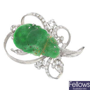 A jade and diamond foliate brooch.