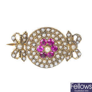 A late 19th century 9ct gold synthetic ruby and seed pearl brooch. 
