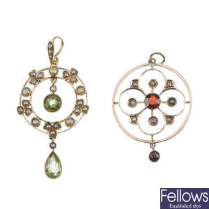 Two early 20th century gold gem-set and split pearl pendants. 
