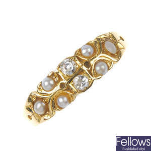 A late 19th century 18ct gold diamond and split pearl ring.