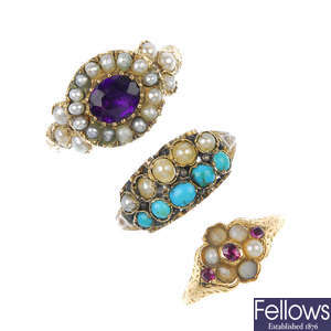 A selection of three late 19th century gold gem-set and split pearl rings.