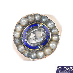 A late 19th century gold diamond, split pearl and enamel ring.