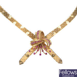 A Retro 9ct gold ruby necklace.
