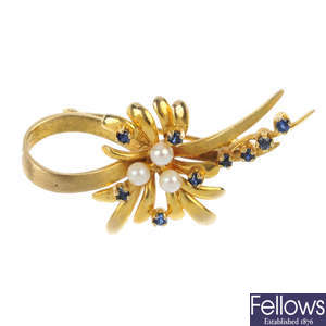 A 9ct gold sapphire and cultured pearl brooch.
