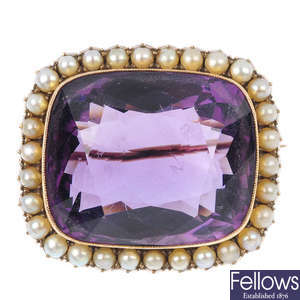 A gold, amethyst and split pearl brooch.