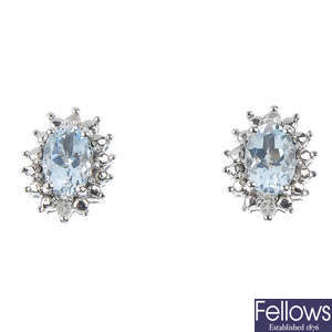 A pair of aquamarine and diamond cluster ear studs.