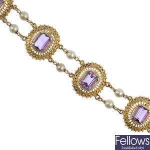 An amethyst cultured and seed pearl bracelet.
