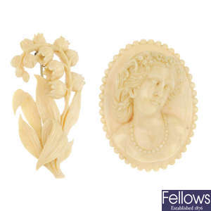 Two late 19th century ivory brooches.