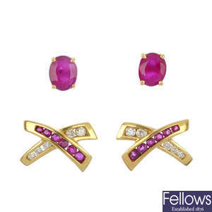 Two pairs of ruby ear studs. 