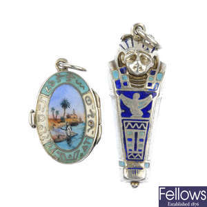 Two Egyptianesque enamel hinged pendants.