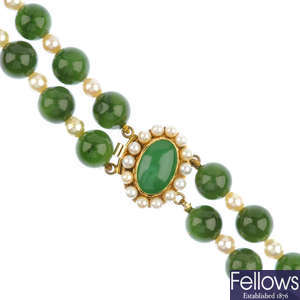 A nephrite jade and cultured pearl necklace.