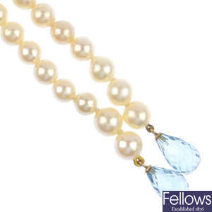 Two cultured pearl necklaces, one with gem drops.