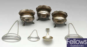 A set of three Edwardian silver open salts, etc.
